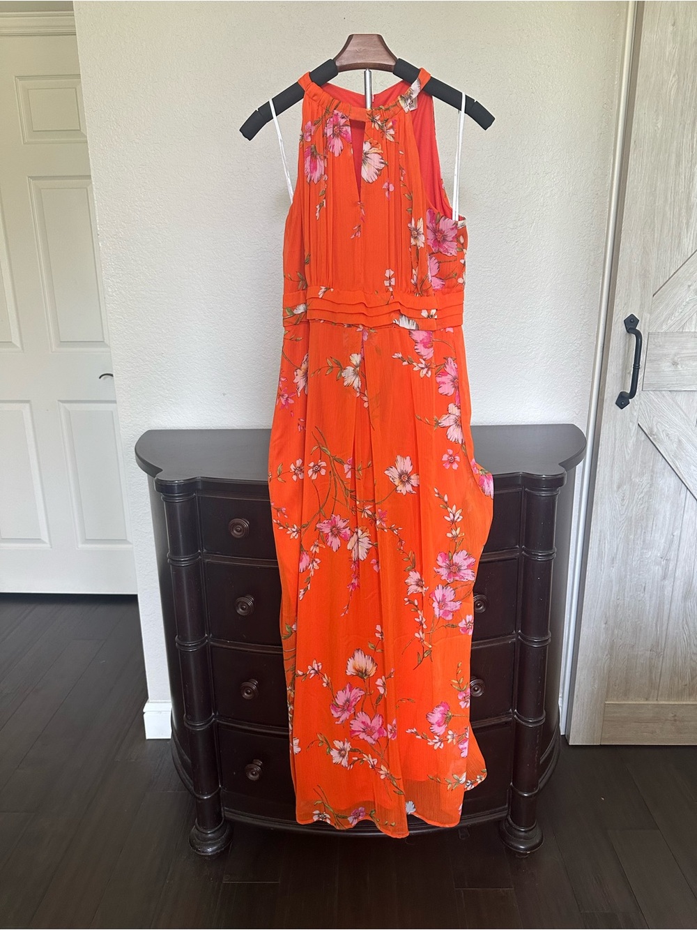 Soho Apparel Orange Floral Halter Dress with Pink Accents